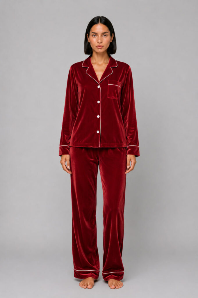 BOBRAND Women's Pajama Set in Red – Cotton Velour – Top and Pants - image 2
