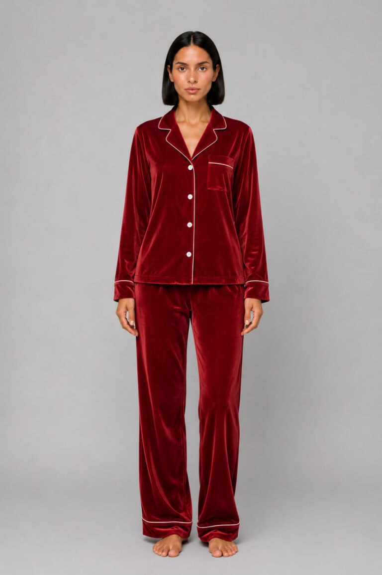BOBRAND Women's Pajama Set in Red – Cotton Velour – Top and Pants - image 2