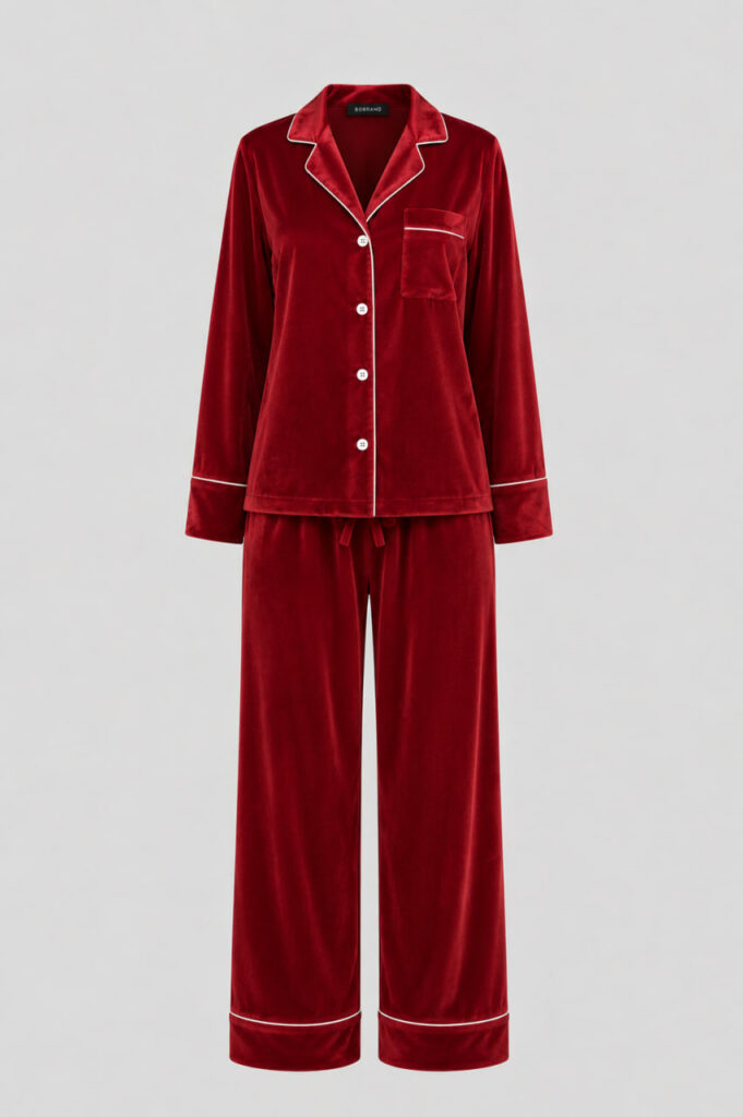 BOBRAND Women's Pajama Set in Red – Cotton Velour – Top and Pants