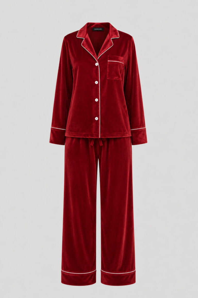 BOBRAND Women's Pajama Set in Red – Cotton Velour – Top and Pants