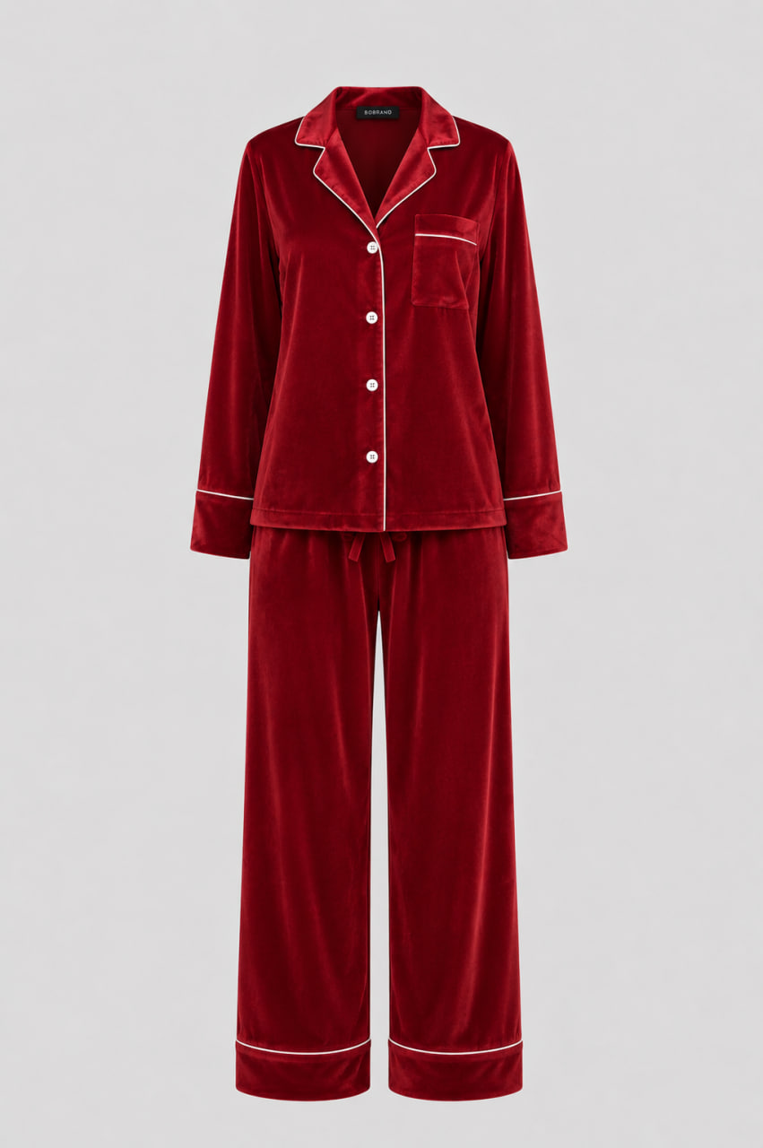 BOBRAND Women's Pajama Set in Red – Cotton Velour – Top and Pants BOBRAND Women's Pajama Set in Red – Cotton Velour – Top and Pants
