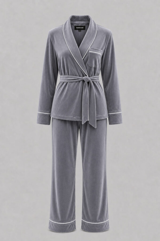 BOBRAND Women's 3-Piece Pajama Set in Gray – Cotton Velour – T-Shirt, Pants, and Shorts
