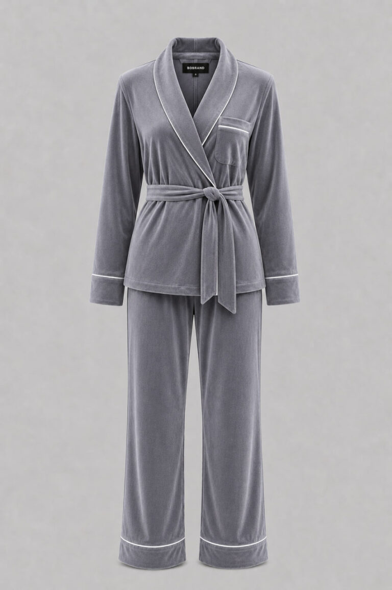 BOBRAND Women's 3-Piece Pajama Set in Gray – Cotton Velour – T-Shirt, Pants, and Shorts