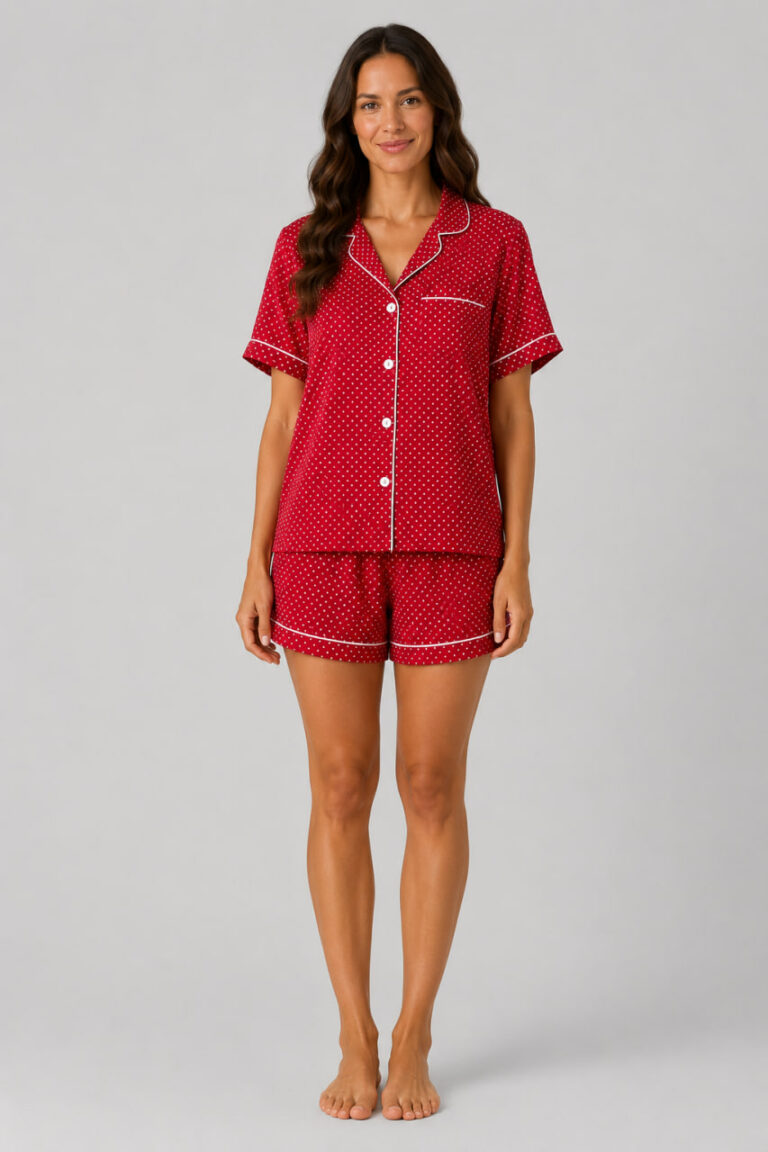 BOBRAND Women's 3-Piece Pajama Set in Red – Viscose, Polka Dot – Top, Pants, and Shorts - image 2