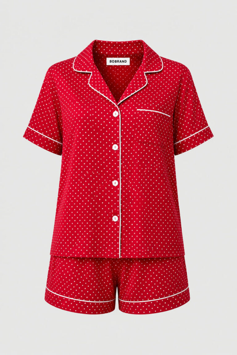 BOBRAND Women's 3-Piece Pajama Set in Red – Viscose, Polka Dot – Top, Pants, and Shorts