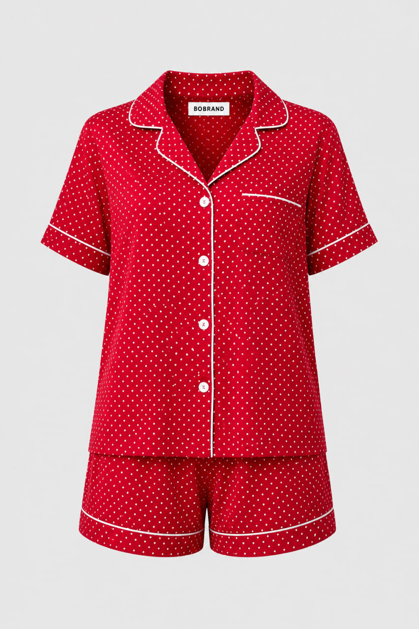 BOBRAND Women's 3-Piece Pajama Set in Red – Viscose, Polka Dot – Top, Pants, and Shorts BOBRAND Women's 3-Piece Pajama Set in Red – Viscose, Polka Dot – Top, Pants, and Shorts