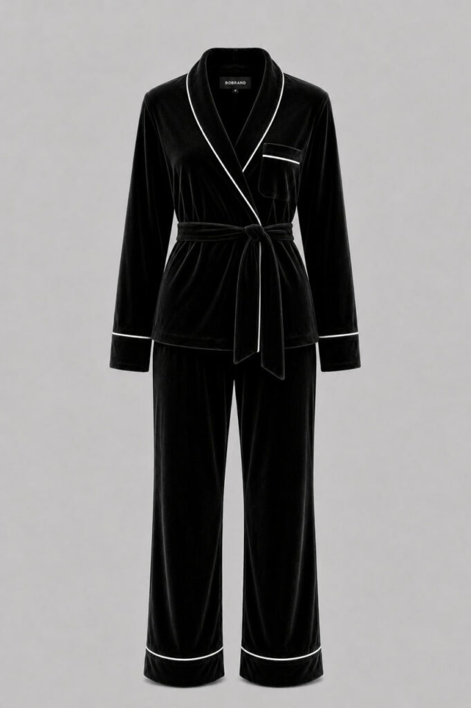 BOBRAND Women's Pajama Set in Black – Cotton Velour – Pants and Robe