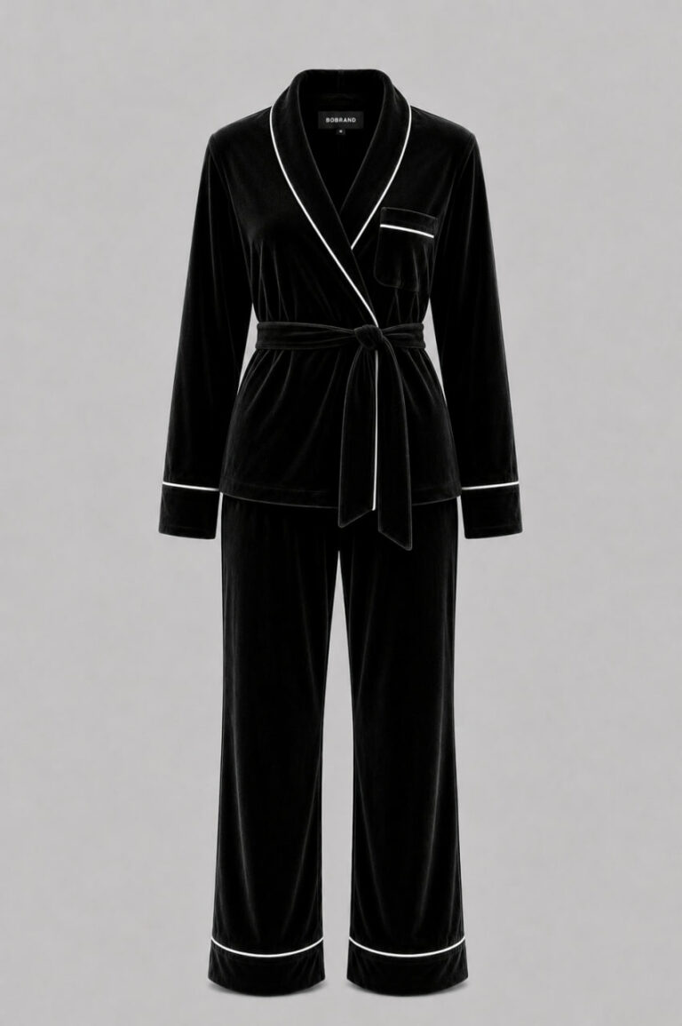 BOBRAND Women's Pajama Set in Black – Cotton Velour – Pants and Robe