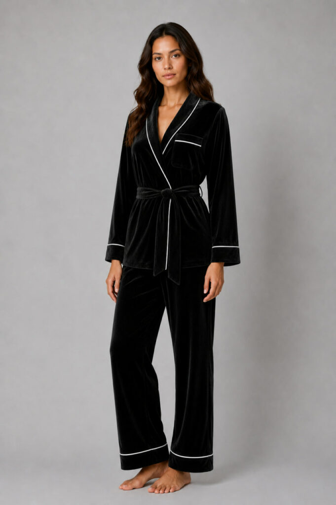 BOBRAND Women's Pajama Set in Black – Cotton Velour – Pants and Robe - image 2