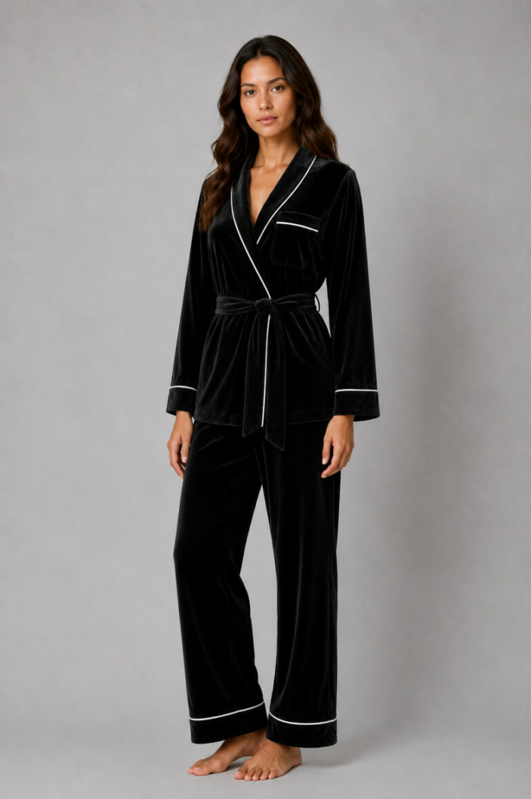 BOBRAND Women's Pajama Set in Black – Cotton Velour – Pants and Robe - image 2