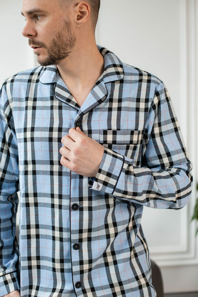 BOBRAND Men's Pajama Set in Light Blue – Cotton, Plaid – Top and Pants - image 2