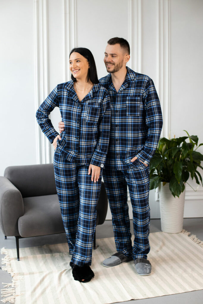BOBRAND Couples' Matching Pajama Set in Blue – Brushed Cotton, Plaid – Top and Pants (2 Pajamas) - image 2