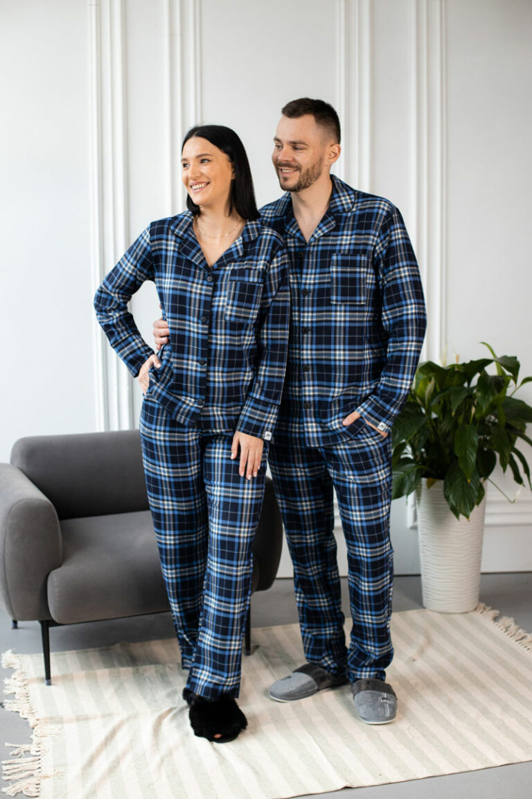 BOBRAND Couples' Matching Pajama Set in Blue – Brushed Cotton, Plaid – Top and Pants (2 Pajamas) - image 2