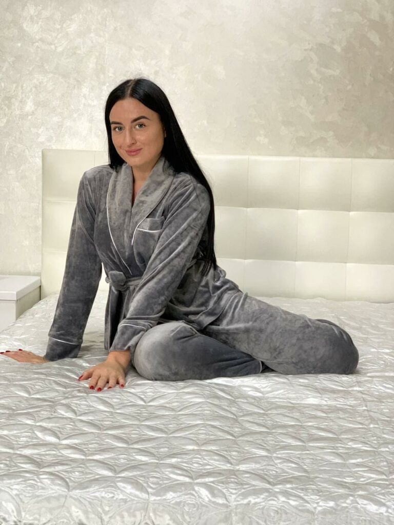 BOBRAND Women's 3-Piece Pajama Set in Gray – Cotton Velour – T-Shirt, Pants, and Shorts - image 2