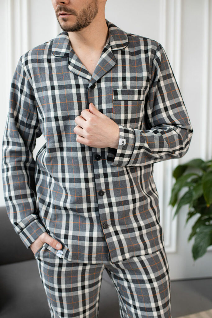 BOBRAND Men's Pajama Set in Gray – Cotton, Plaid – Top and Pants - image 2