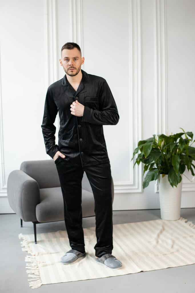 BOBRAND Men's Pajama Set in Black – Cotton Velour – Top and Pants - image 2