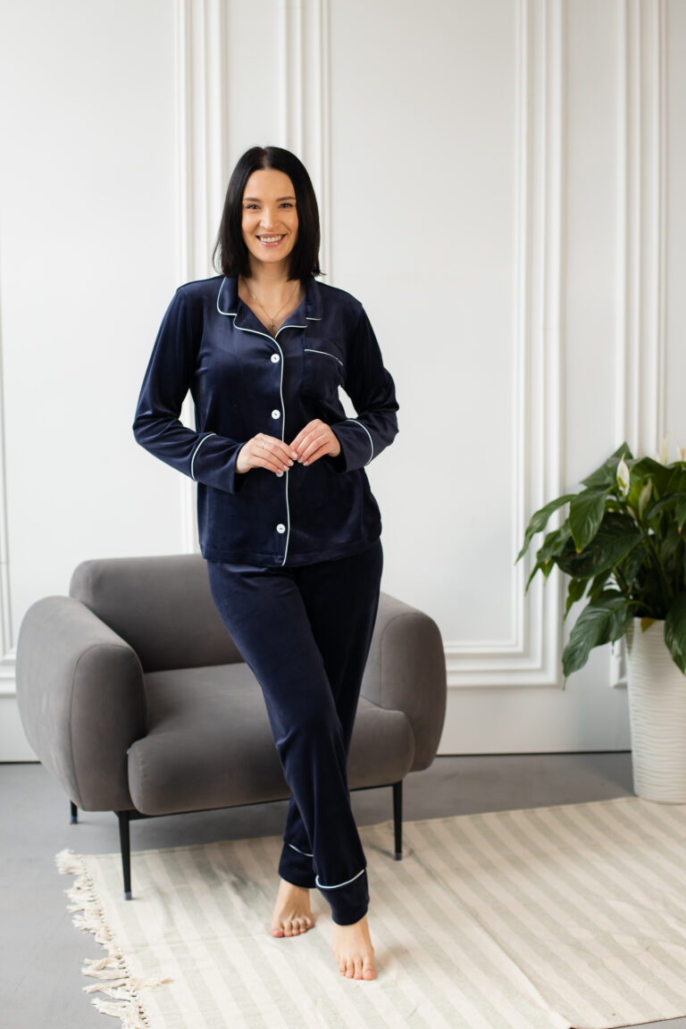 BOBRAND Women's Pajama Set in Blue – Cotton Velour – Top and Pants - image 2