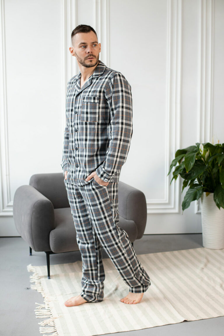 BOBRAND Men's Pajama Set in Gray – Cotton, Plaid – Top and Pants