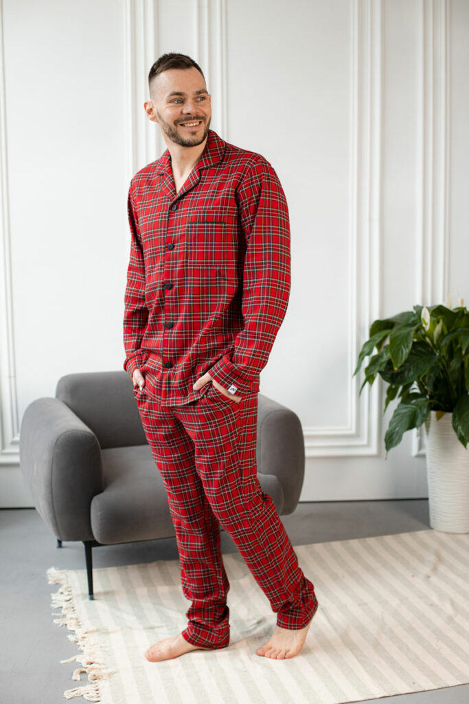 BOBRAND Men's Pajama Set in Red – Cotton, Plaid – Top and Pants