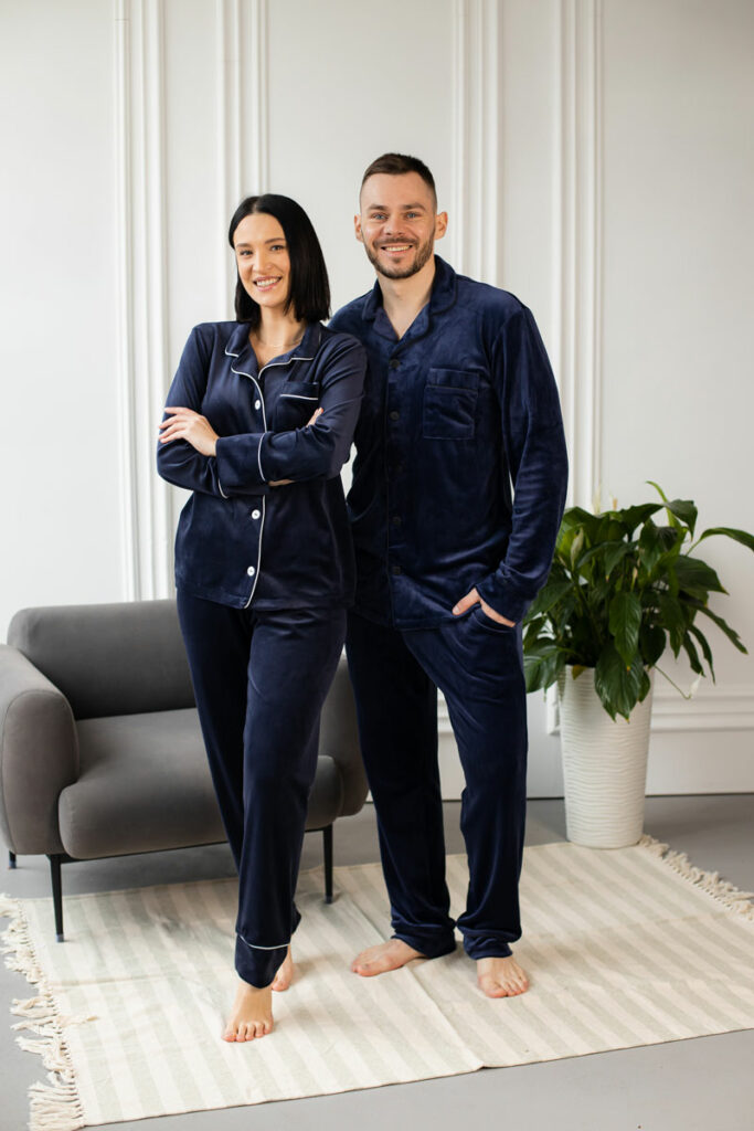 BOBRAND Couples' Matching Pajama Set in Blue – Cotton Velour – Top and Pants (2 Pajamas) - image 2