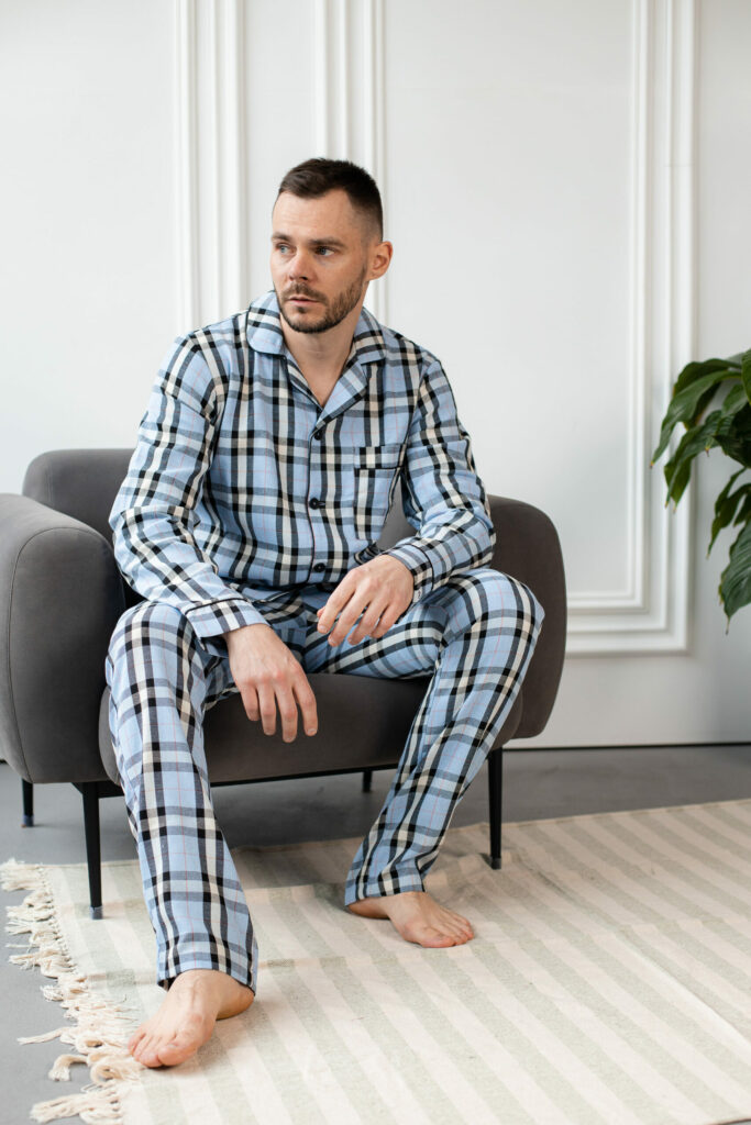 BOBRAND Men's Pajama Set in Light Blue – Cotton, Plaid – Top and Pants