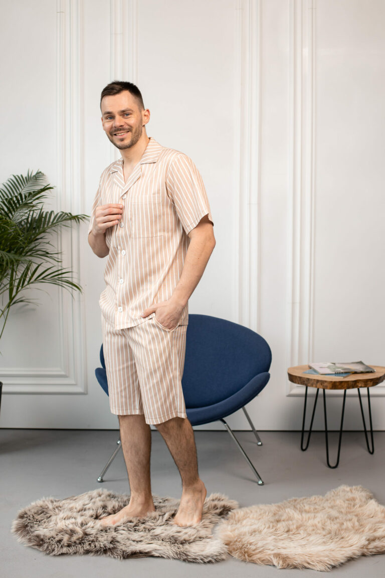 BOBRAND Men's Pajama Set in Beige – Softened Linen, Striped – Top and Shorts