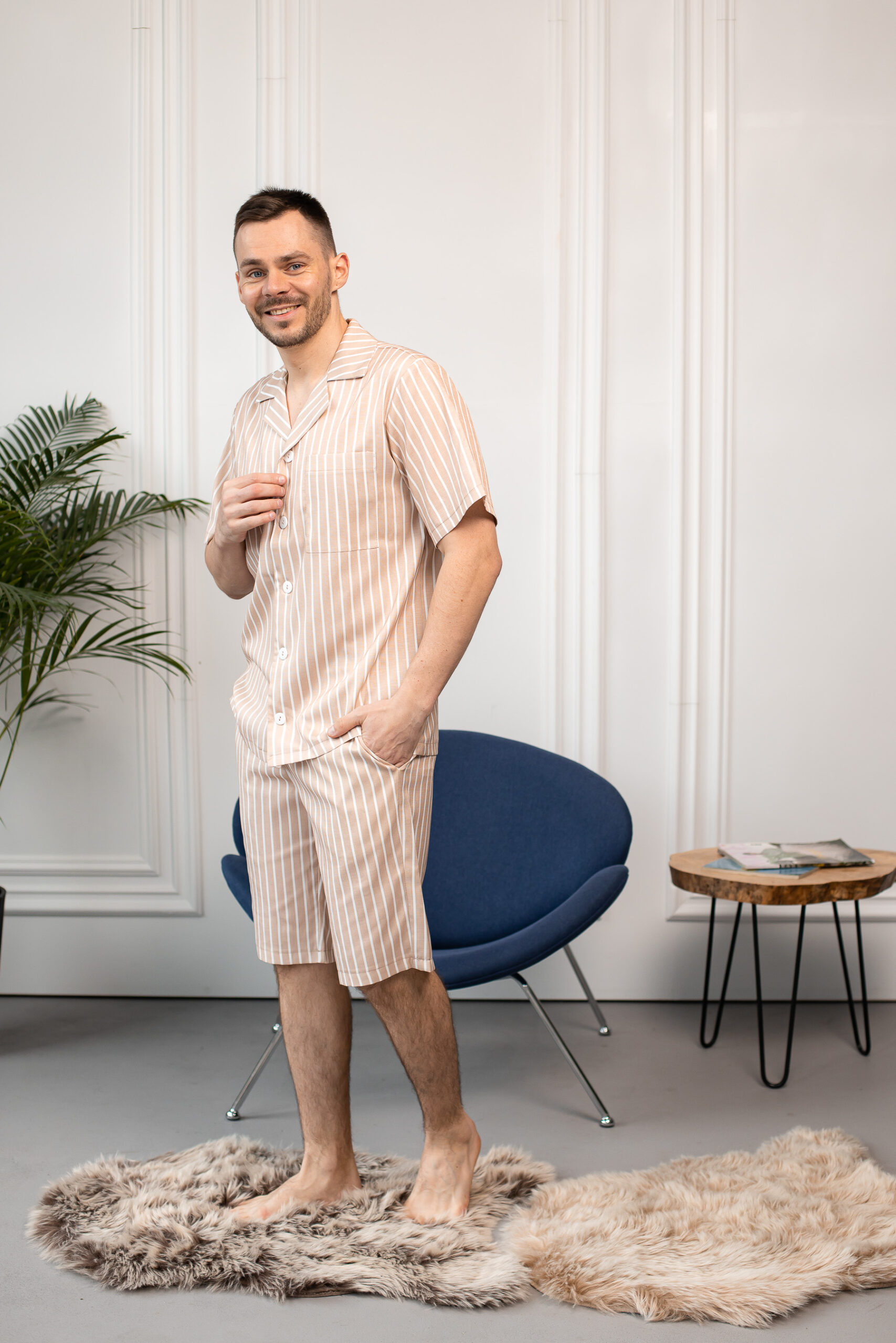 BOBRAND Men's Pajama Set in Beige – Softened Linen, Striped – Top and Shorts BOBRAND Men's Pajama Set in Beige – Softened Linen, Striped – Top and Shorts