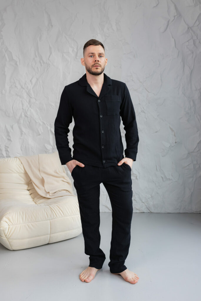 BOBRAND Men's Pajama Set in Black – Double-Layer Muslin – Top and Pants - image 2
