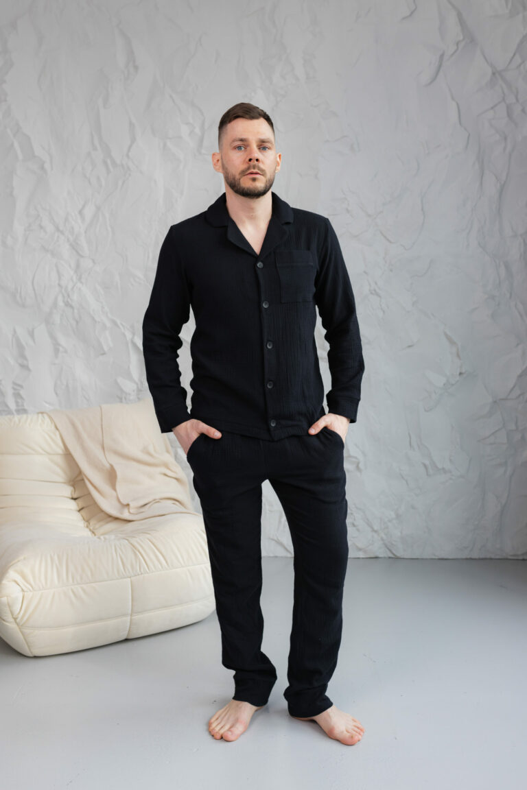 BOBRAND Men's Pajama Set in Black – Double-Layer Muslin – Top and Pants - image 2