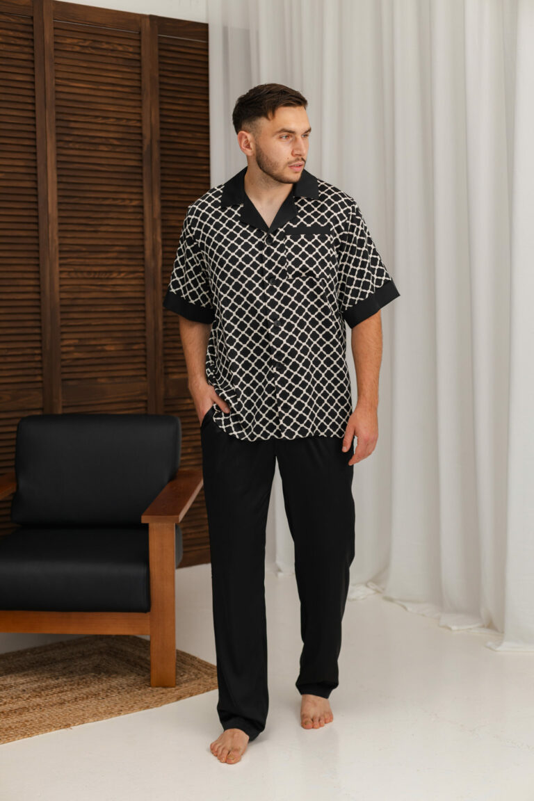 BOBRAND Men's Pajama Set in Black and White – Viscose, Geometric Print “Black and White” – Top and Pants - image 2