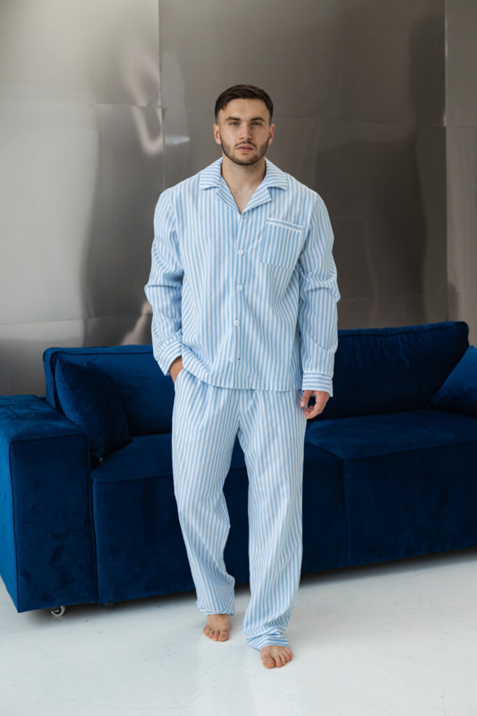 BOBRAND Men's Pajama Set in Light Blue – Cotton, Striped – Top and Pants - image 2