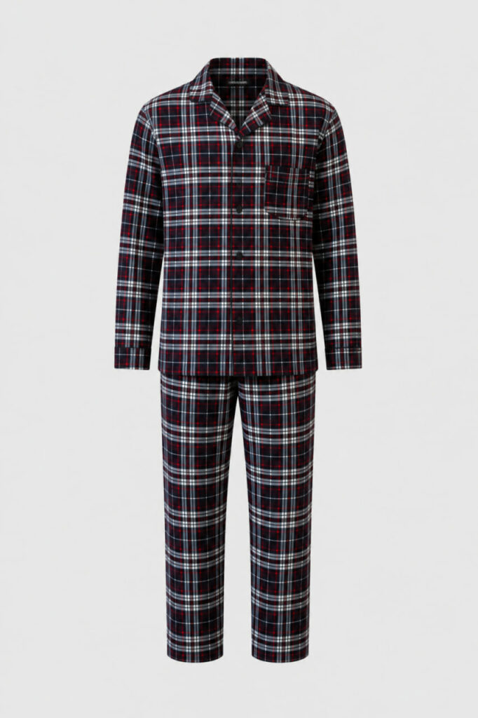 BOBRAND Men's Pajama Set in Blue – Brushed Cotton, Plaid – Top and Pants