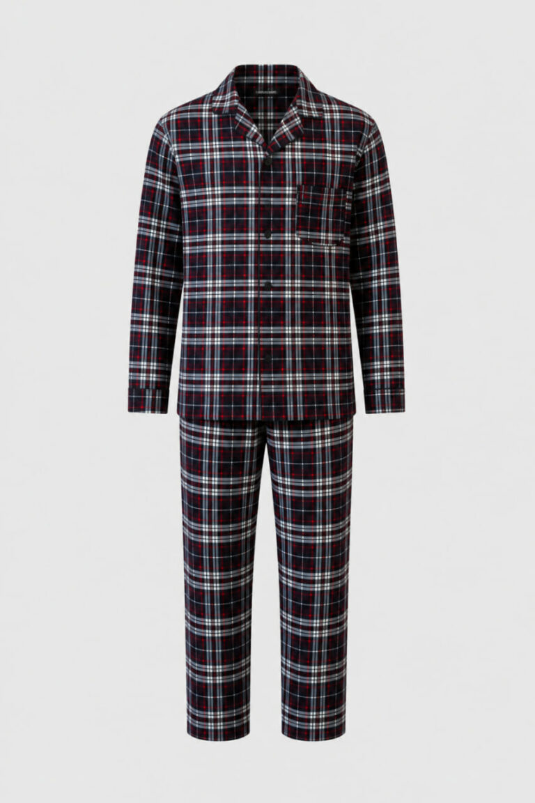 BOBRAND Men's Pajama Set in Blue – Brushed Cotton, Plaid – Top and Pants