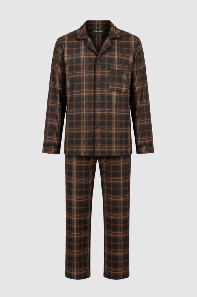 BOBRAND Men's Pajama Set in Brown – Brushed Cotton, Plaid – Top and Pants