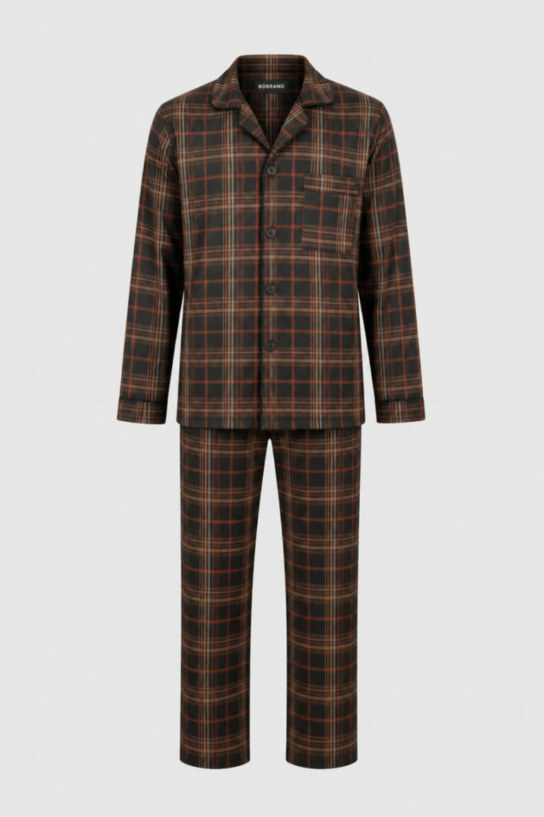 BOBRAND Men's Pajama Set in Brown – Brushed Cotton, Plaid – Top and Pants