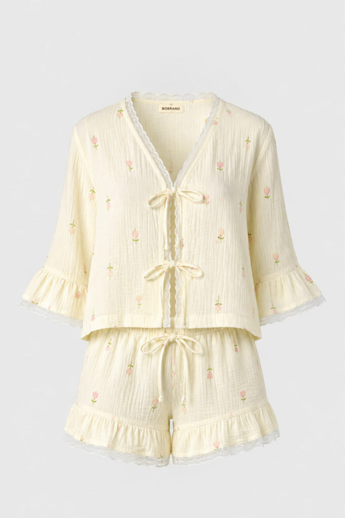BOBRAND Women's Pajama Set in Yellow – Double-Layer Muslin, Floral Print – Top and Shorts