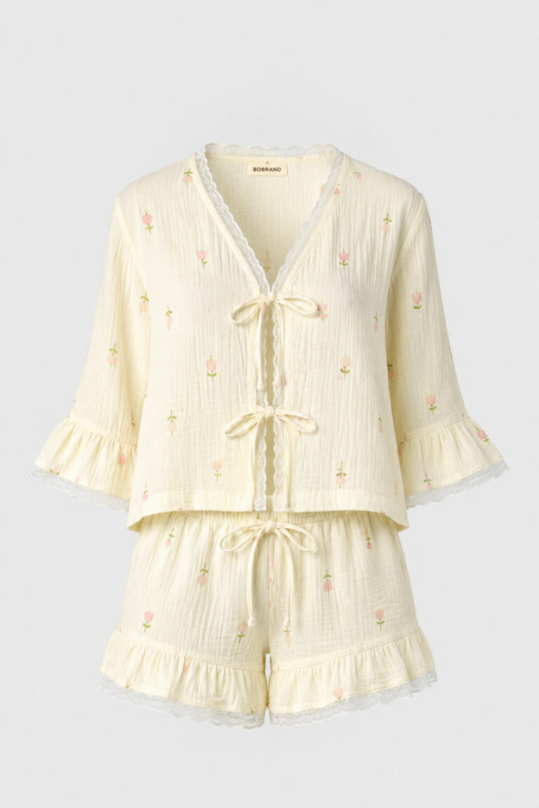 BOBRAND Women's Pajama Set in Yellow – Double-Layer Muslin, Floral Print – Top and Shorts