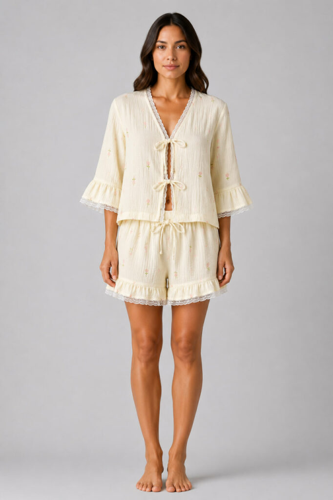 BOBRAND Women's Pajama Set in Yellow – Double-Layer Muslin, Floral Print – Top and Shorts - image 2