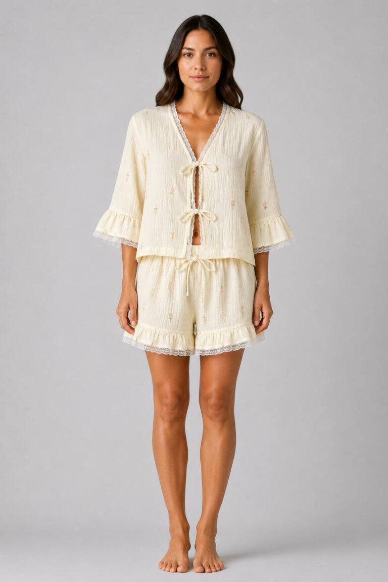 BOBRAND Women's Pajama Set in Yellow – Double-Layer Muslin, Floral Print – Top and Shorts - image 2
