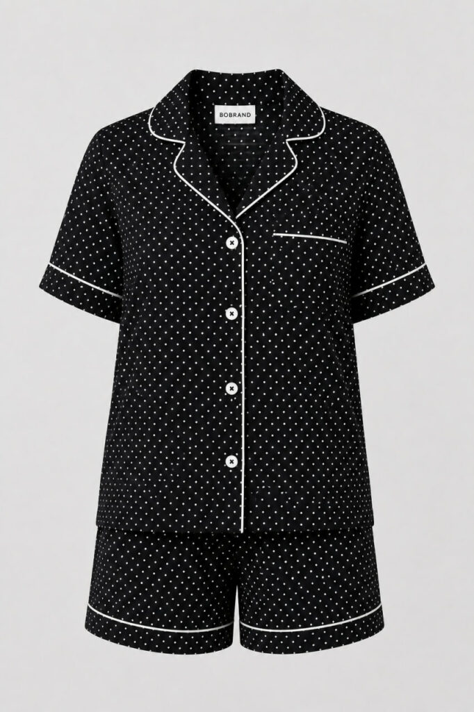 BOBRAND Women's Pajama Set in Black – Viscose, Polka Dot – T-Shirt and Shorts