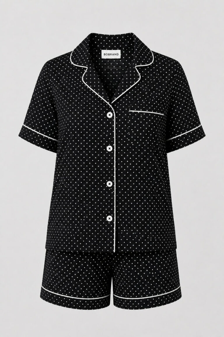 BOBRAND Women's Pajama Set in Black – Viscose, Polka Dot – T-Shirt and Shorts