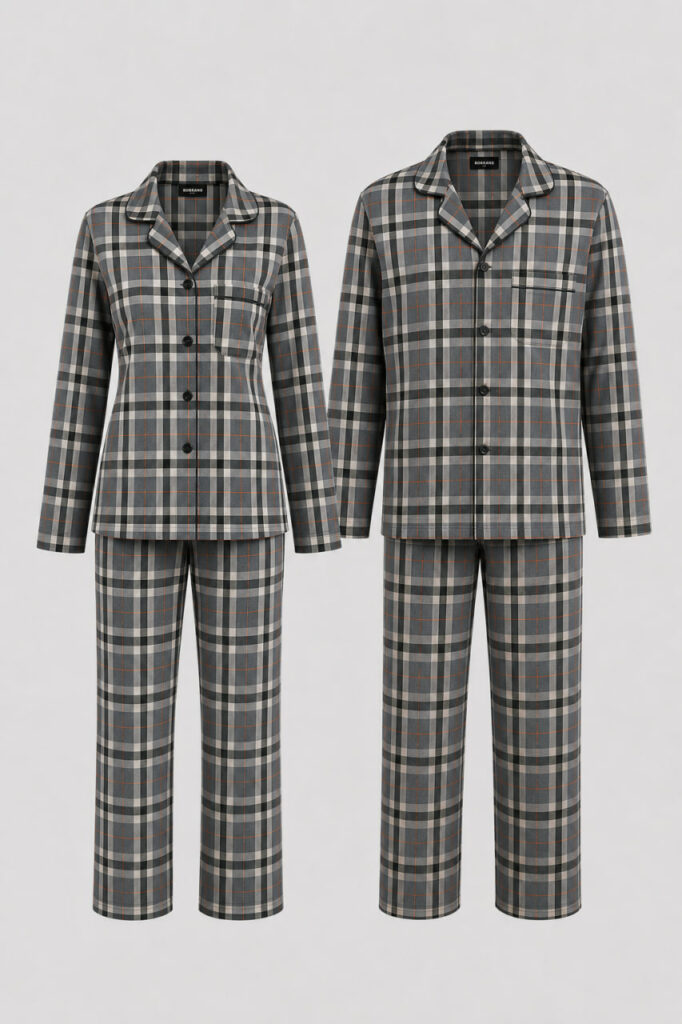 BOBRAND Couples' Matching Pajama Set in Gray – Cotton Flannel, Plaid – Top and Pants (2 Pajamas)