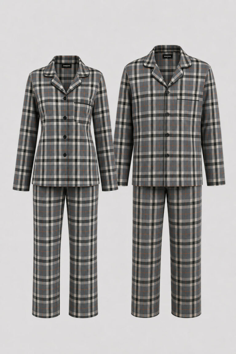 BOBRAND Couples' Matching Pajama Set in Gray – Cotton Flannel, Plaid – Top and Pants (2 Pajamas)