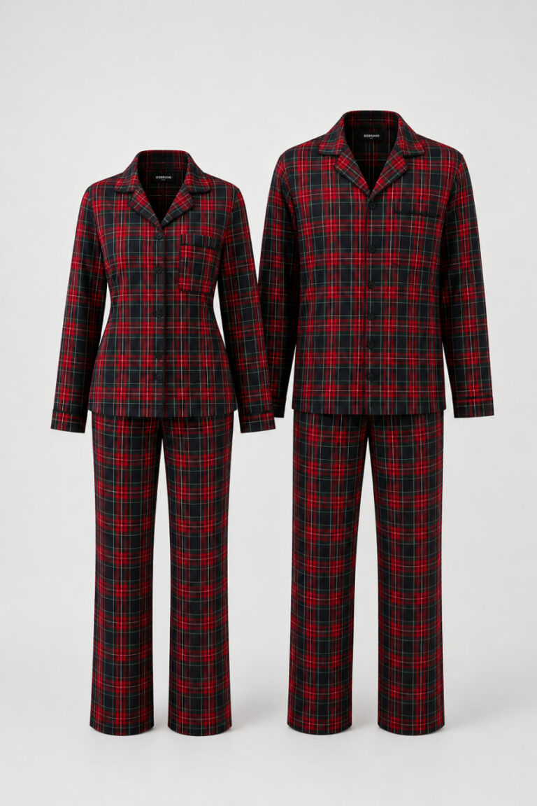 BOBRAND Couples' Matching Pajama Set in Red and Green – Brushed Cotton, Plaid – Top and Pants (2 Pajamas)