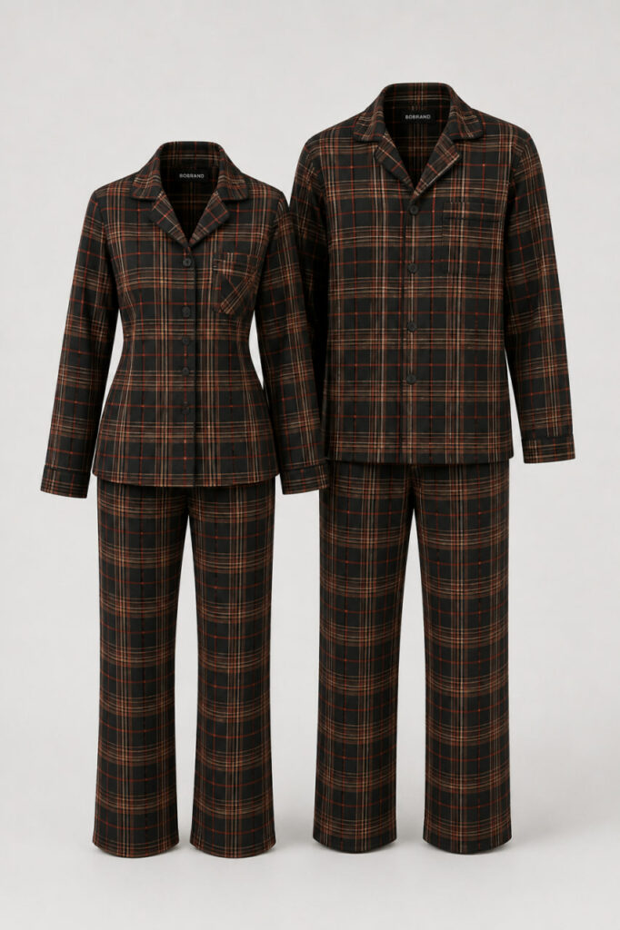 BOBRAND Couples' Matching Pajama Set in Brown – Brushed Cotton, Plaid – Top and Pants (2 Pajamas)