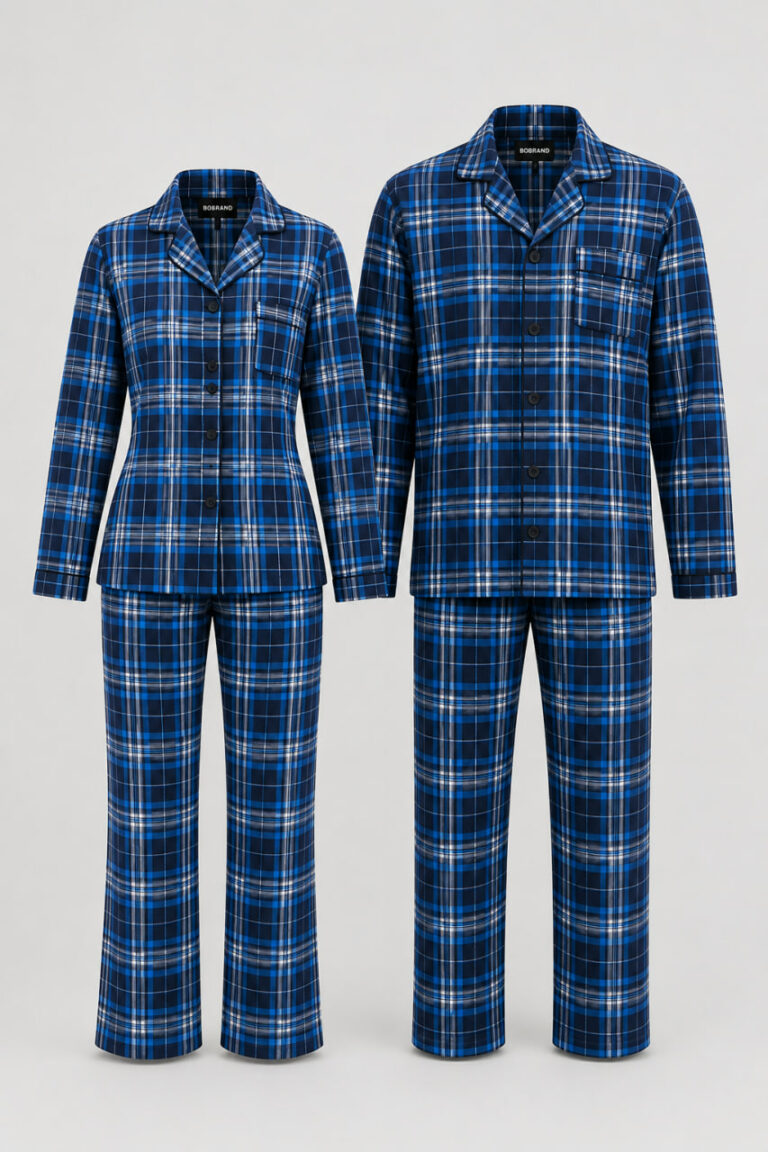 BOBRAND Couples' Matching Pajama Set in Blue – Brushed Cotton, Plaid – Top and Pants (2 Pajamas)