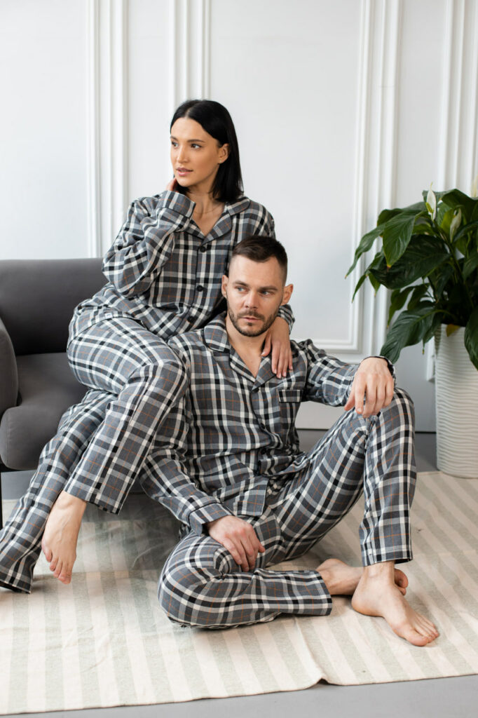 BOBRAND Couples' Matching Pajama Set in Gray – Cotton Flannel, Plaid – Top and Pants (2 Pajamas) - image 2