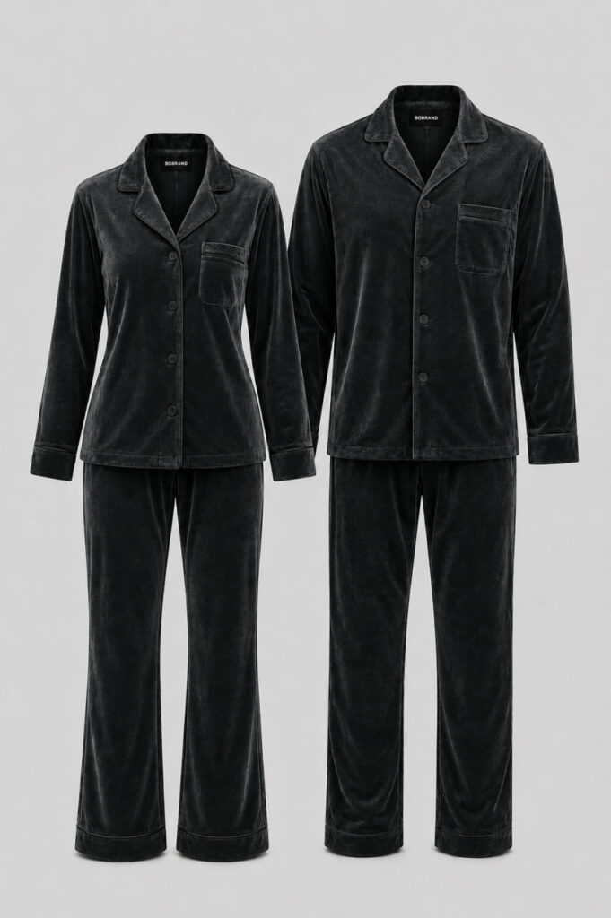 BOBRAND Couples' Matching Pajama Set in Charcoal – Cotton Velour – Top and Pants (2 Pajamas)
