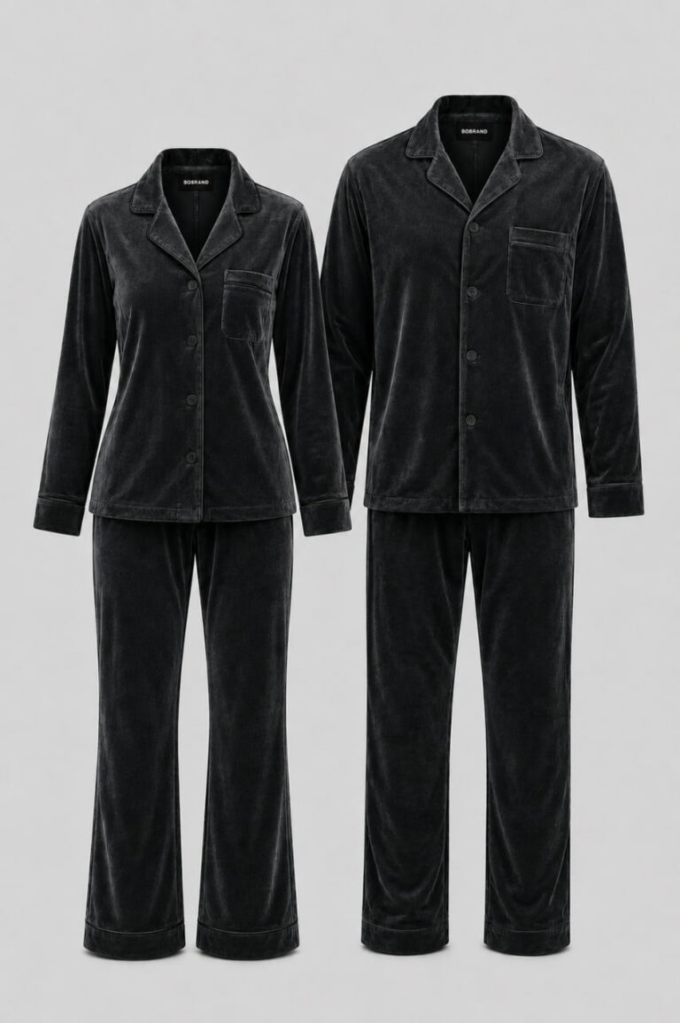 BOBRAND Couples' Matching Pajama Set in Charcoal – Cotton Velour – Top and Pants (2 Pajamas)