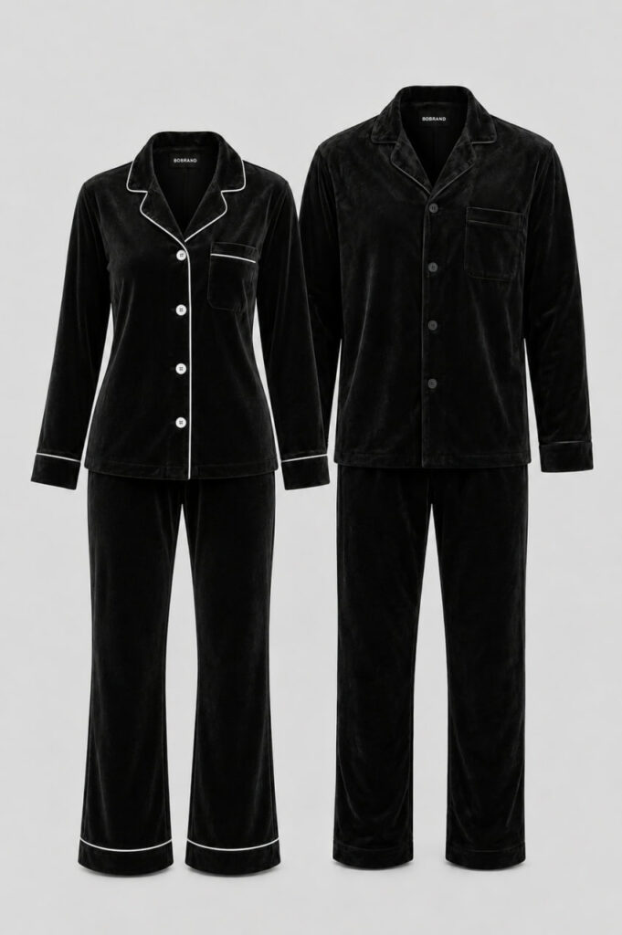 BOBRAND Couples' Matching Pajama Set in Black – Cotton Velour – Top and Pants (2 Pajamas)